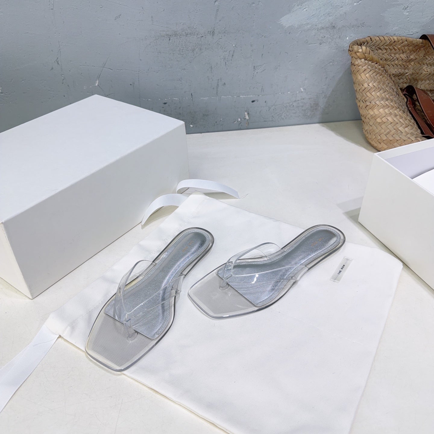 THE ROW 26S SQUARE TOE THONG SANDALS IN CLEAR PVC WITH SILVER FOOTBED