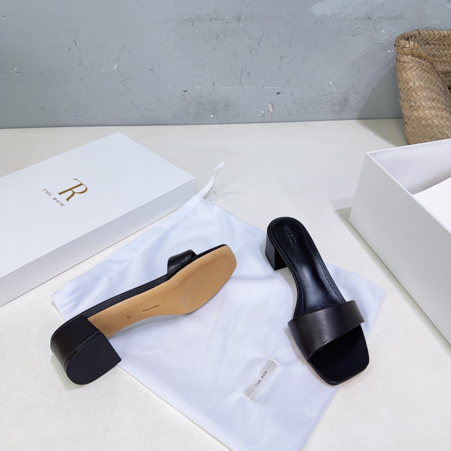 THE ROW 26S SQUARE TOE SLIDE SANDALS 45MM IN BLACK CALFSKIN