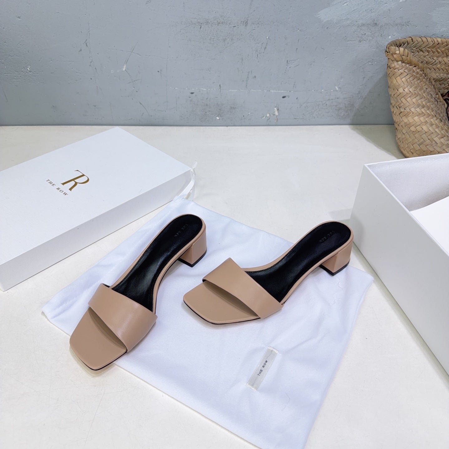THE ROW 26S SQUARE TOE SLIDE SANDALS 45MM IN NUDE BEIGE CALFSKIN
