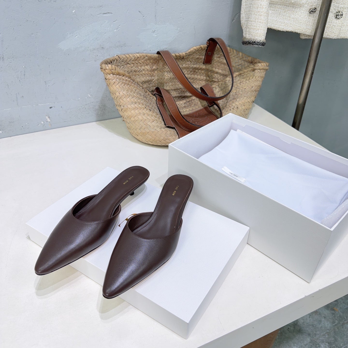 THE ROW 26S POINTED TOE MULE HEELS 35MM IN CHOCOLATE BROWN CALFSKIN
