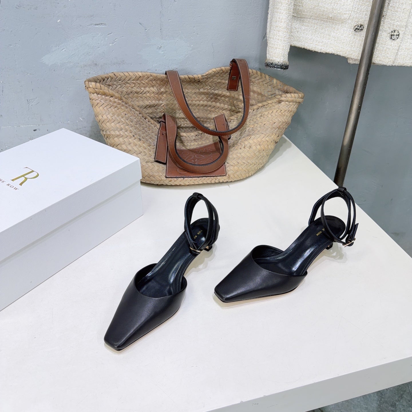 THE ROW 26S SQUARE TOE SLINGBACK HEELS 45MM IN BLACK CALFSKIN