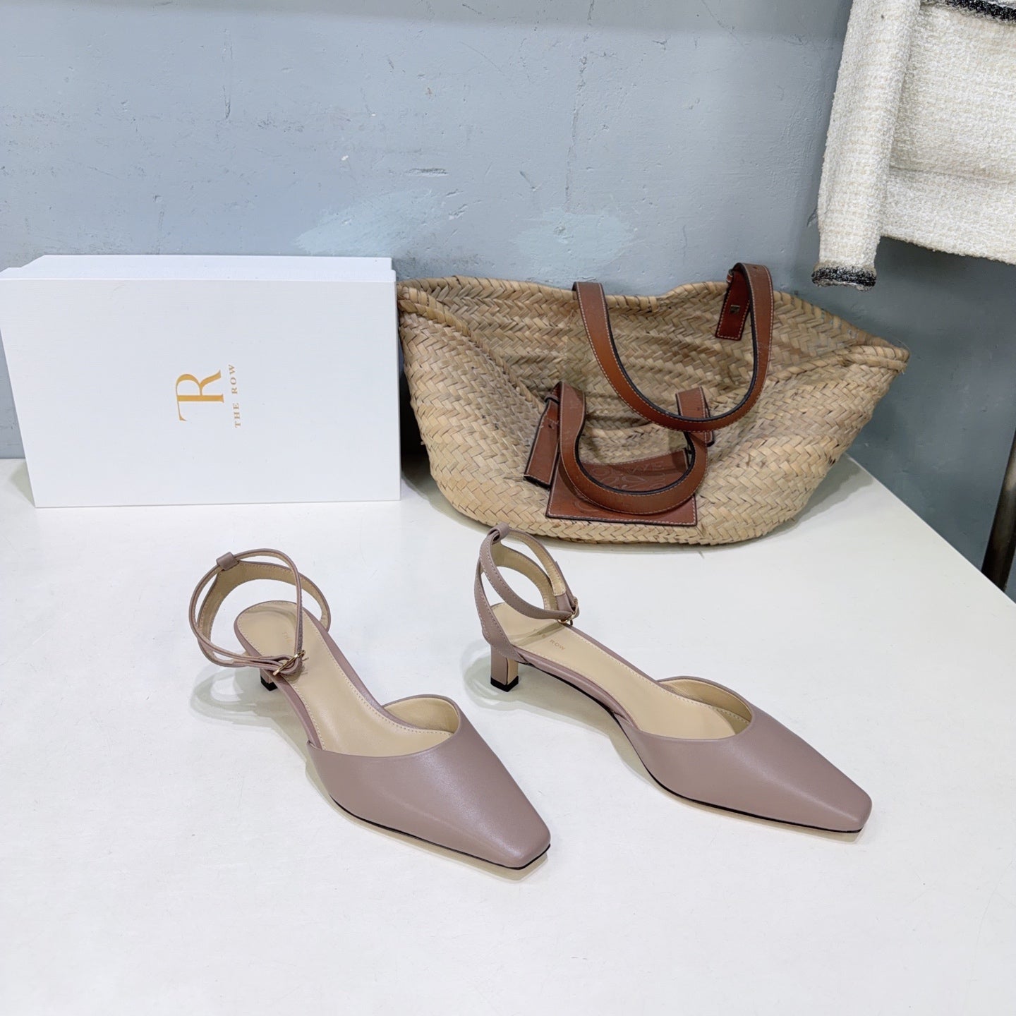 THE ROW 26S SQUARE TOE SLINGBACK HEELS 45MM IN MUTED TAUPE PINK CALFSKIN