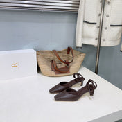 THE ROW 26S SQUARE TOE SLINGBACK HEELS 45MM IN DARK BROWN CALFSKIN