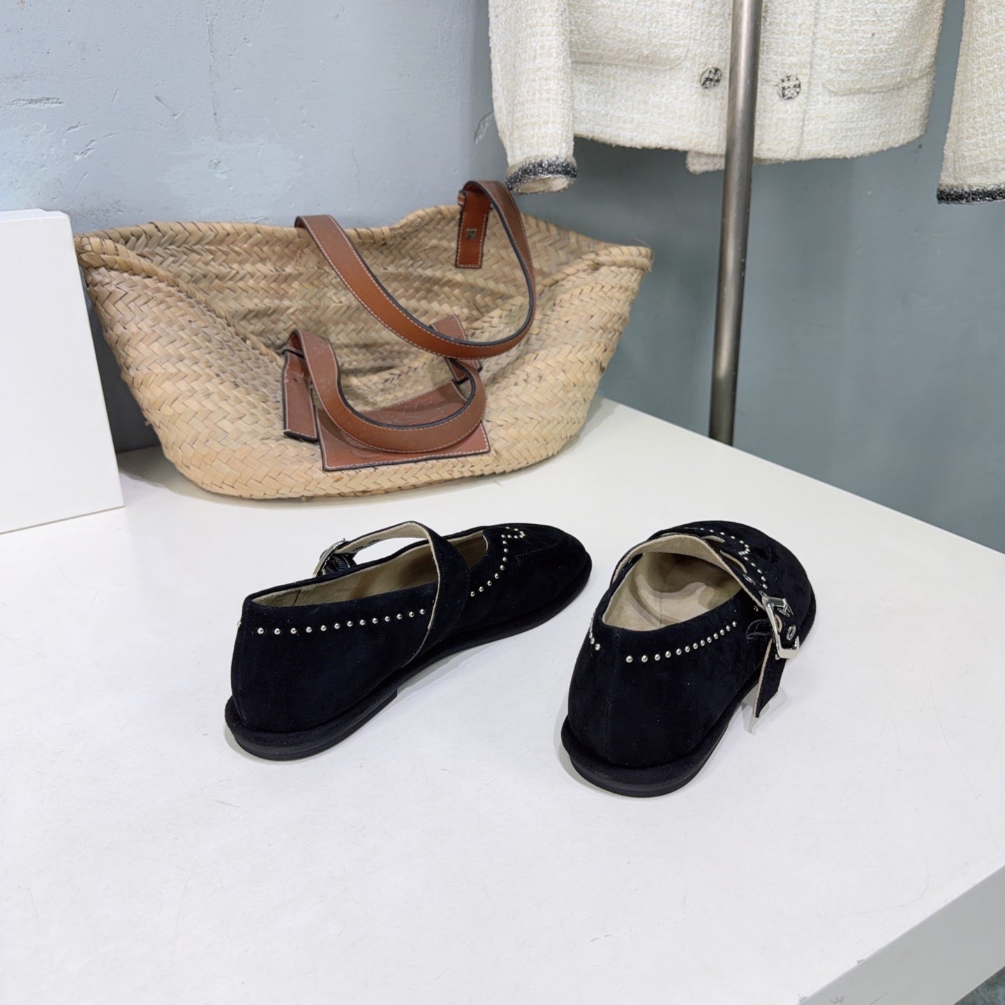 THE ROW 26S MARY JANE FLATS IN BLACK SUEDE SILVER HARDWARE