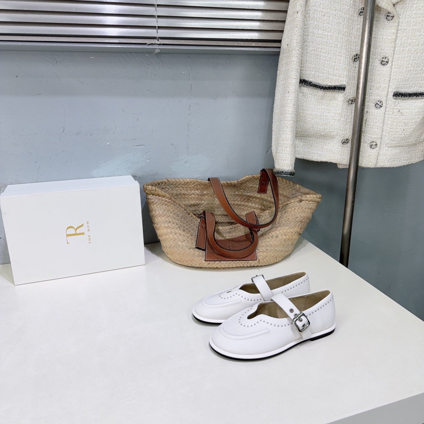 THE ROW 26S MARY JANE FLATS IN WHITE CALFSKIN SILVER HARDWARE