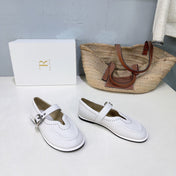THE ROW 26S MARY JANE FLATS IN WHITE CALFSKIN SILVER HARDWARE