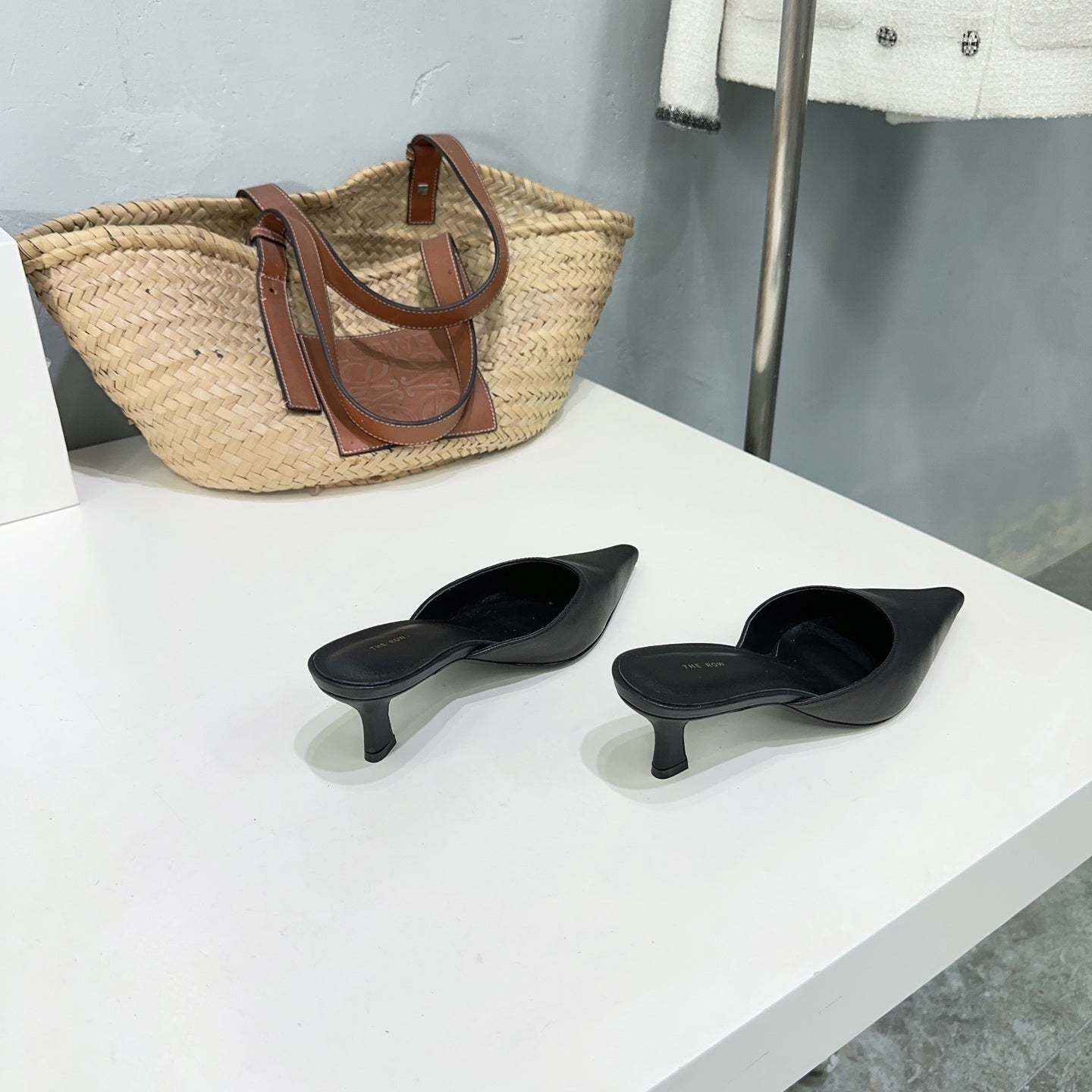THE ROW 26S POINTED TOE MULE HEELS 45MM IN BLACK CALFSKIN