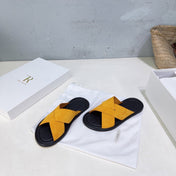 THE ROW 26S SLIDES SANDALS IN GOLD YELLOW SUEDE AND BLACK CALFKIN