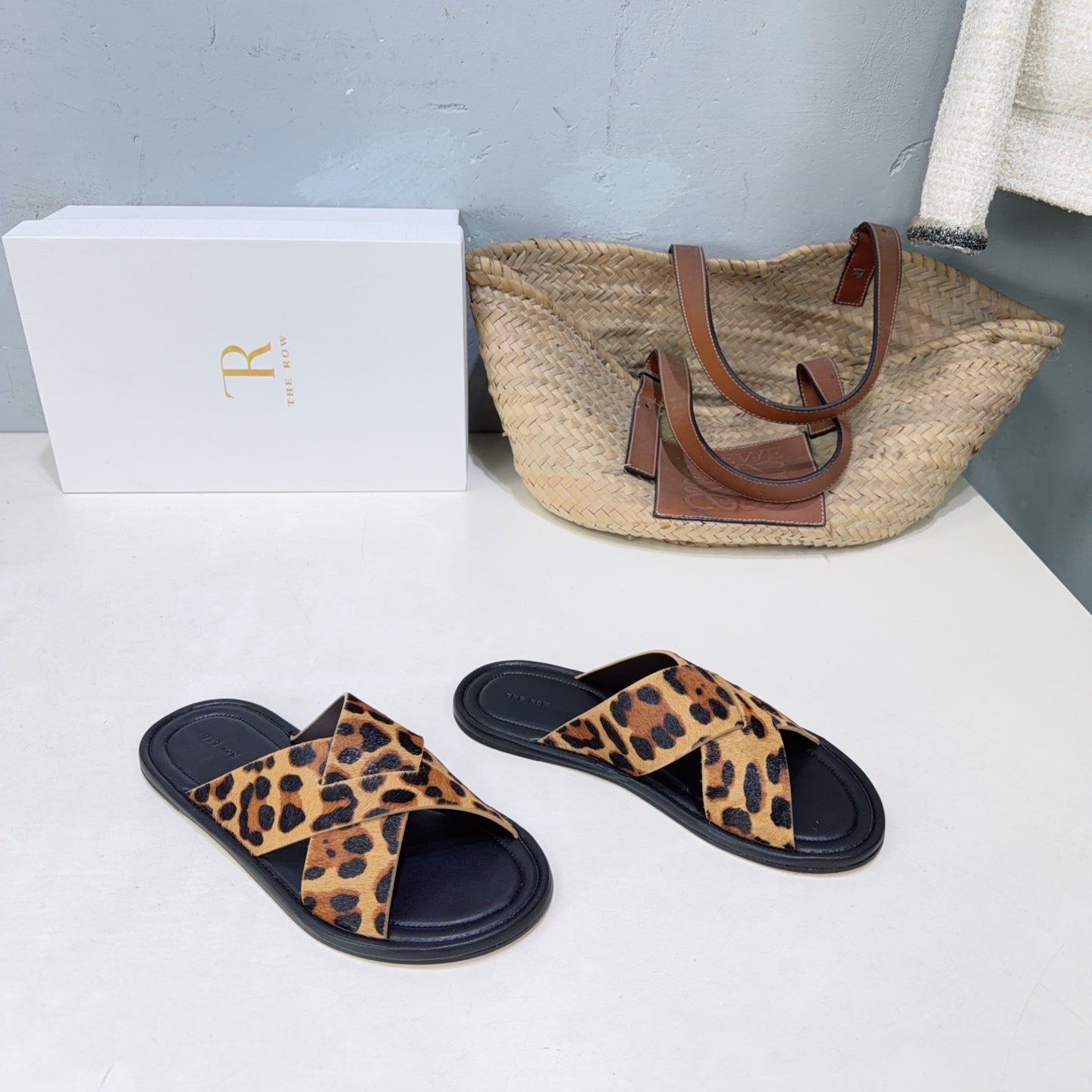 THE ROW 26S SLIDES SANDALS IN LEOPARD CALF HAIR CROSS STRAP