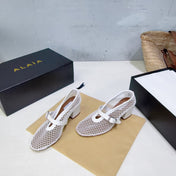 ALAIA 26S HIGH-HEEL MARY JANES 50 MM IN WHITE WOVEN MESH