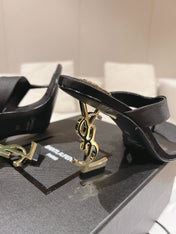 YSL 26S HEELED THONG SANDALS 85 MM IN BLACK SATIN