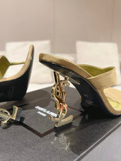 YSL 26S HEELED THONG SANDALS 85 MM IN MOSS GREEN SATIN