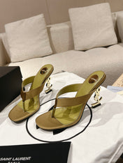 YSL 26S HEELED THONG SANDALS 85 MM IN MOSS GREEN SATIN