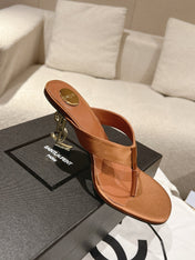 YSL 26S HEELED THONG SANDALS 85 MM IN TAN BROWN SATIN