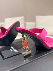 YSL 26S HEELED THONG SANDALS 85 MM IN DARK PINK SATIN
