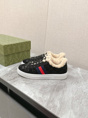 GG ACE SNEAKER WITH WEB IN BLACK EMBOSSED SUEDE AND WOOL LINING