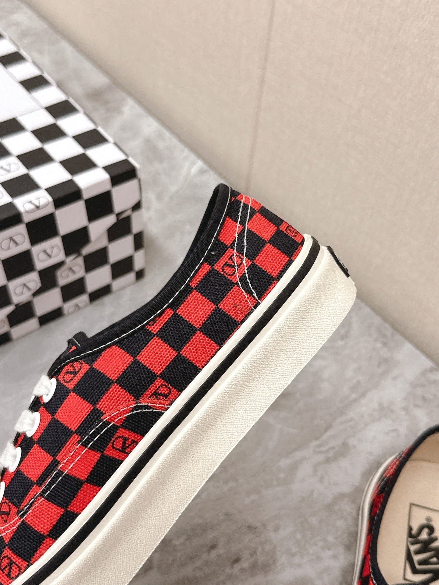 VALENTINO 25S GARAVANI X VANS SNEAKERS IN RED MIX BLACK CANVAS