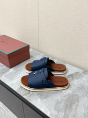 LP 26S LOCK MULE SLIDES IN DARK BLUE CALFSKIN SILVER HARDWARE