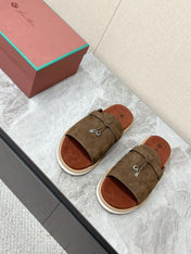 LP 26S LOCK MULE SLIDES IN OLIVE BROWN SUEDE SILVER HARDWARE
