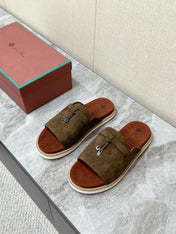 LP 26S LOCK MULE SLIDES IN OLIVE BROWN SUEDE SILVER HARDWARE