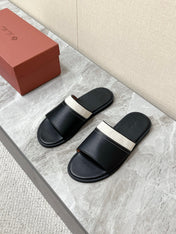 LP 26S SLIDES SANDAL IN BLACK CALFSKIN AND IVORY WHITE CANVAS