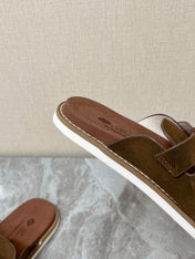 LP 26S LOCK CHARM SLIDES IN DARK BROWN SUEDE SILVER HARDWARE