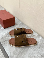 LP 26S LOCK CHARM SLIDES IN DARK BROWN SUEDE SILVER HARDWARE