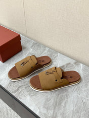 LP 26S LOCK CHARM SLIDES IN OLIVE BROWN SUEDE SILVER HARDWARE