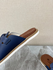 LP 26S LOCK CHARM SLIDES IN NAVY BLUE CALFSKIN SILVER HARDWARE