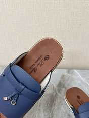 LP 26S LOCK CHARM SLIDES IN NAVY BLUE CALFSKIN SILVER HARDWARE