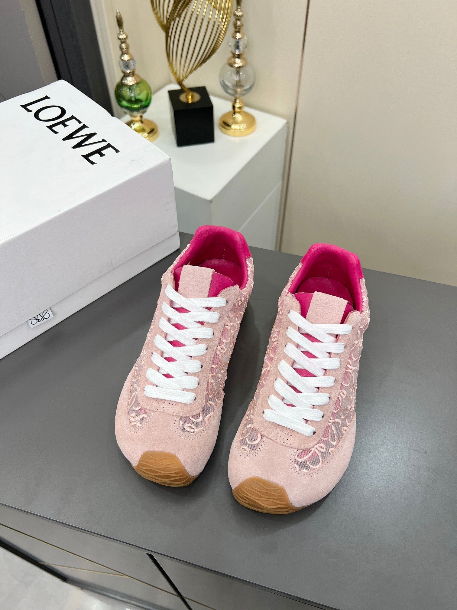 LOEWE 26S RUNNER 2.0 SNEAKERS IN LIGHT PINK SUEDE AND ANAGRAM JACQUARD