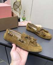 MIUMIU 26S TASSEL LOAFERS IN OLIVE BROWN SUEDE BEADED TRIM