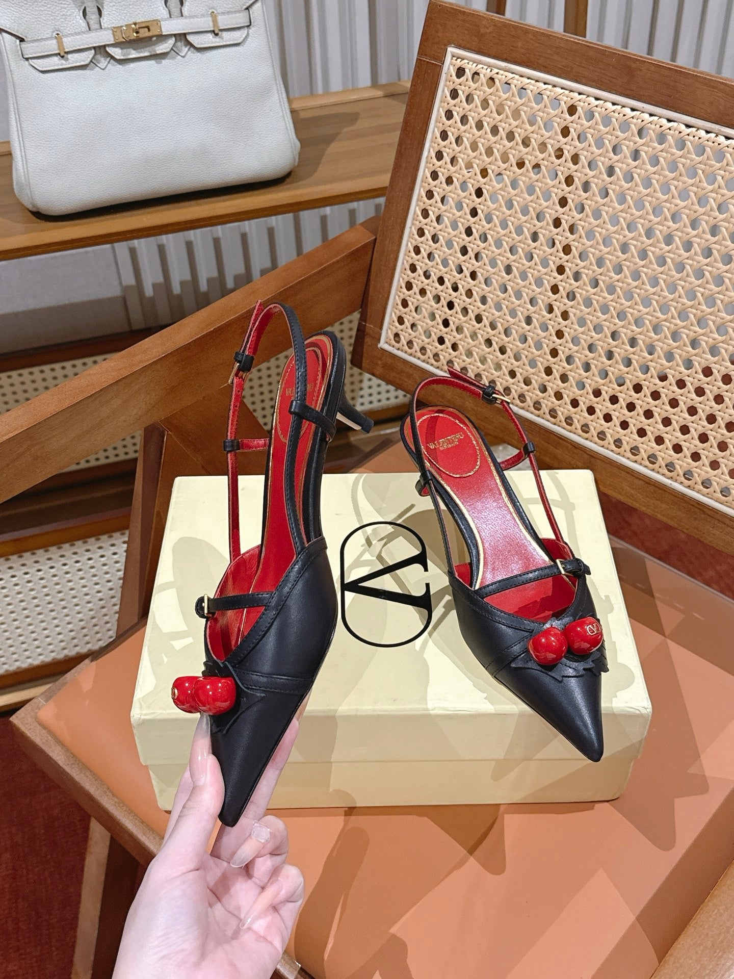 VALENTINO 26S SLINGBACKS 45 MM IN BLACK CALFSKIN CHERRY DETAILS