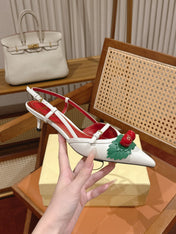 VALENTINO 26S SLINGBACKS 45 MM IN WHITE CALFSKIN CHERRY DETAILS