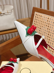 VALENTINO 26S SLINGBACKS 45 MM IN WHITE CALFSKIN CHERRY DETAILS