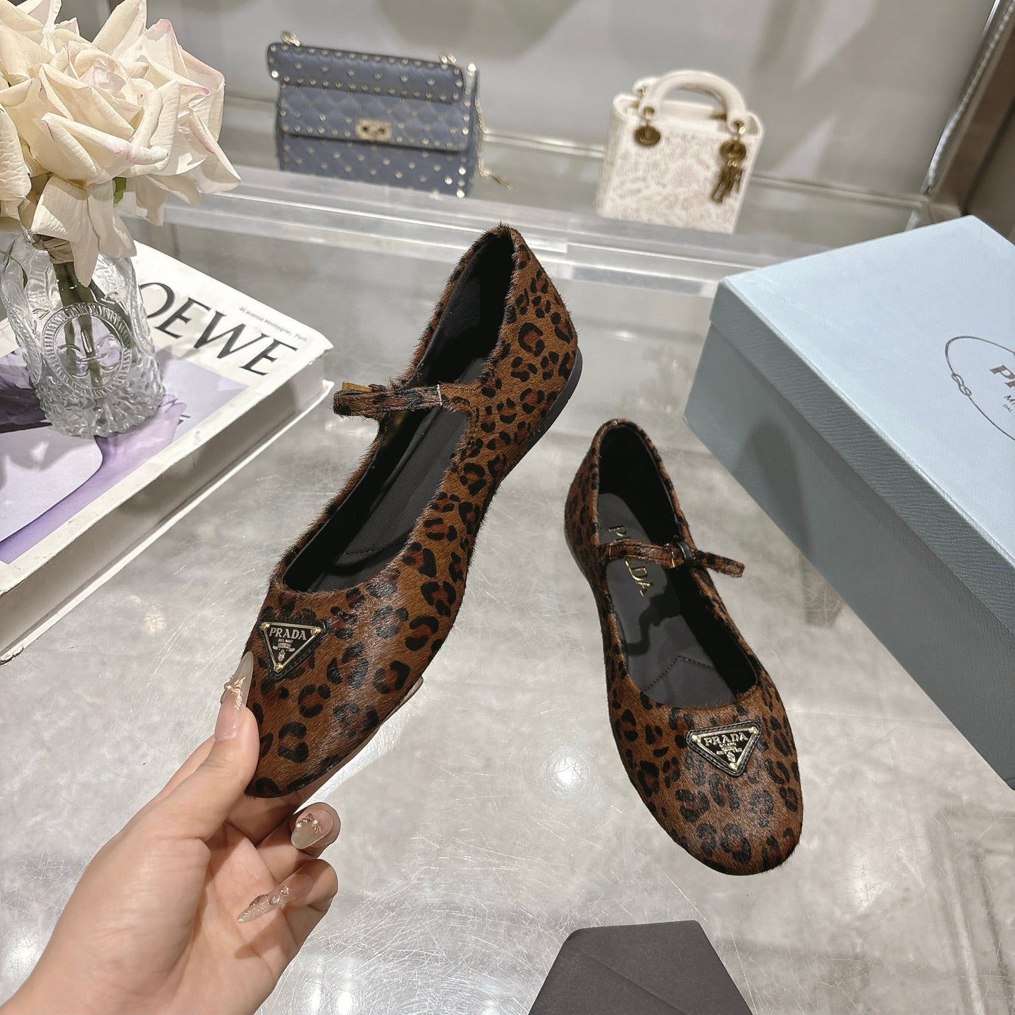 PRADA 25S MARY JANE BALLETS IN BLACK MIX BROWN HORSEHAIR FABRIC