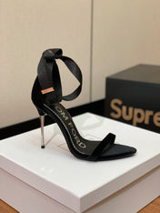 ANKLE SANDAL 10 CM IN BLACK VELVET AND SILK