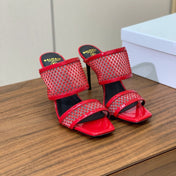 BALMAIN 26S HEEL SANDALS 95 MM IN RED MESH FABRIC WITH CRYSTAL EMBELLISHMENT