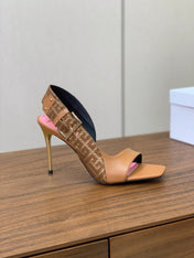 BALMAIN 25S JACQUARD KNIT SLINGBACK PUMPS 95MM IN BROWN AND PINK CALFSKIN