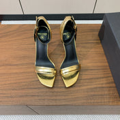 BALMAIN 25S SQUARE STRAP HIGH HEELS 100MM IN GOLD CALFSKIN