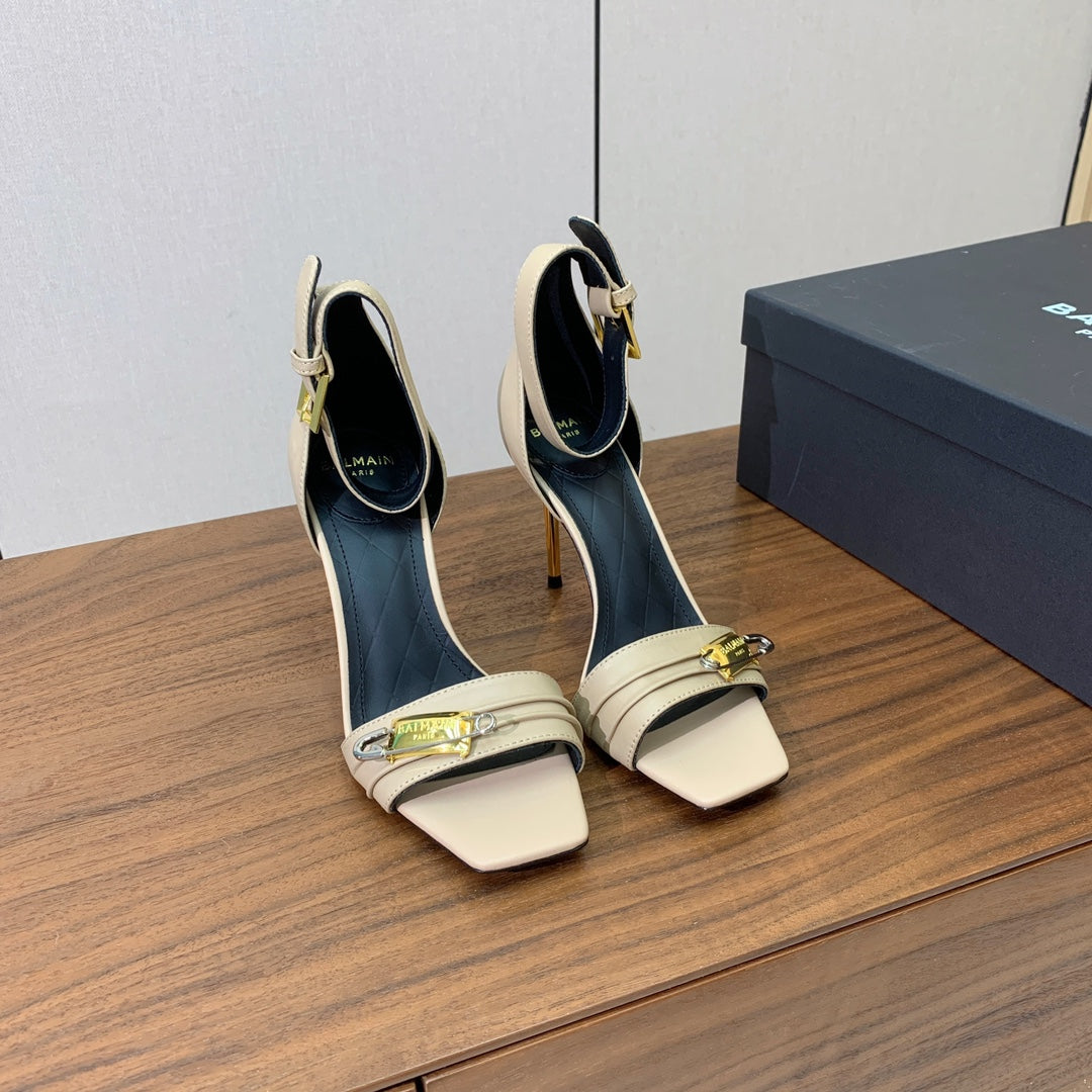 BALMAIN 26S HEELED SANDALS 95 MM IN BEIGE CALFSKIN WITH GOLD HARDWARE