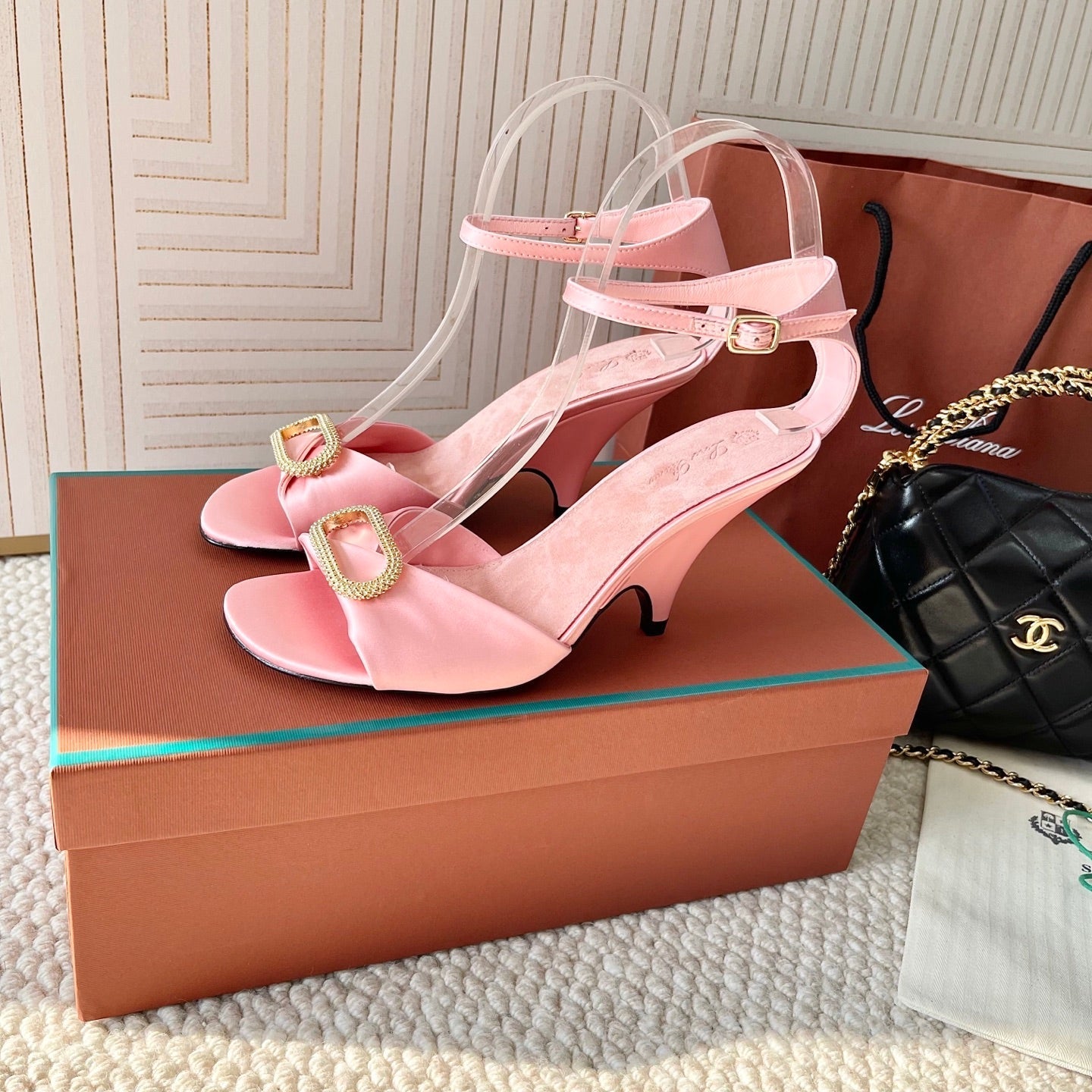 HIGH HEELS SANDALS 80 MM IN PASTEL PINK SATIN MIX SUEDE