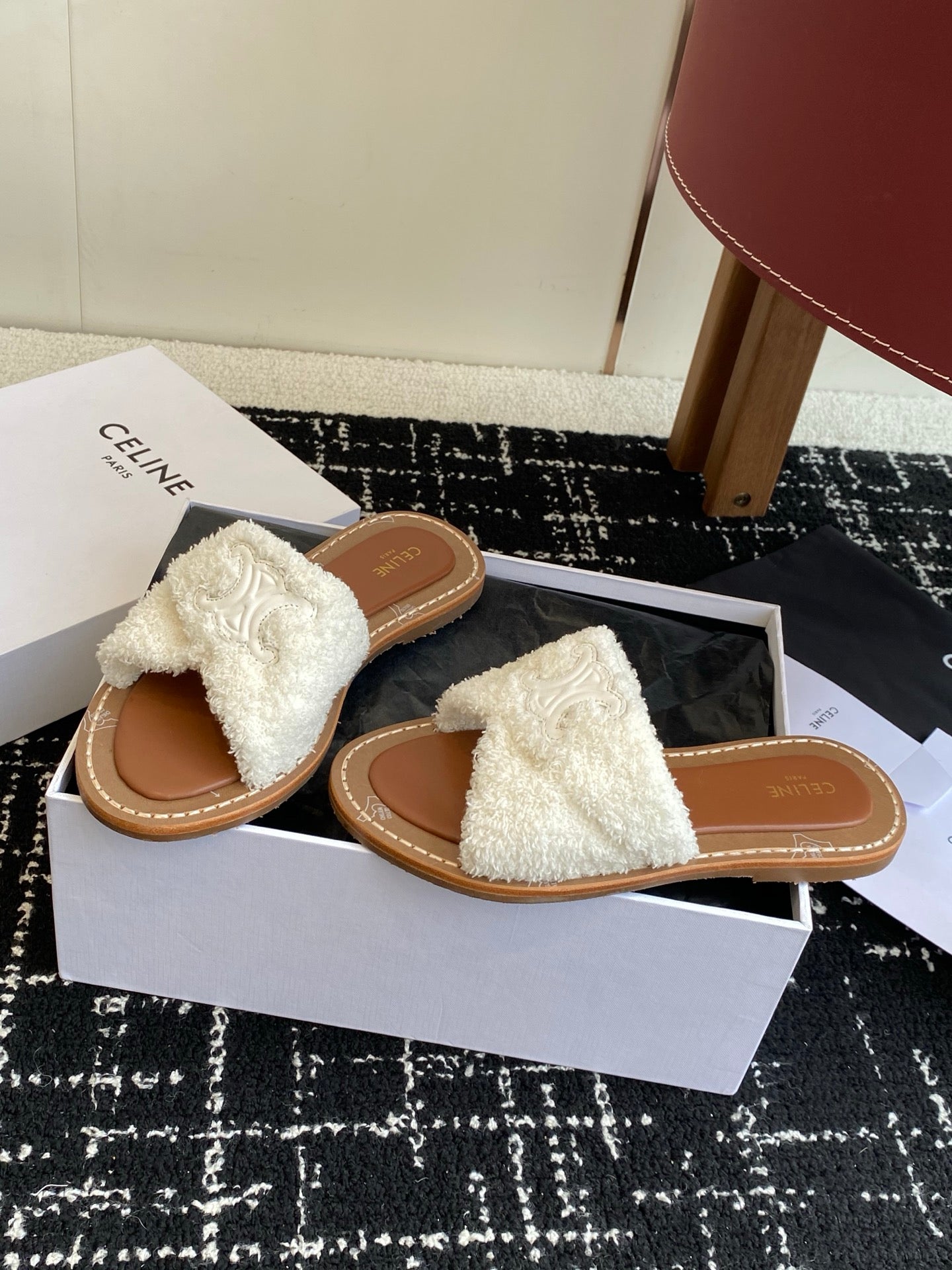 CELINE 26S TRIOMPHE FLAT SLIDES IN WHITE WOOL