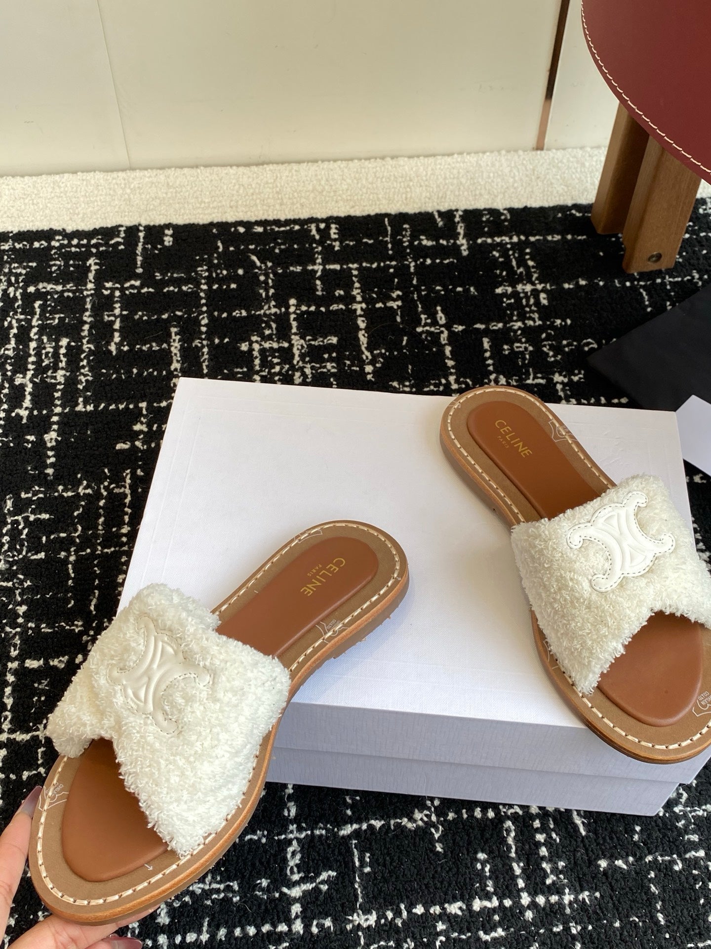 CELINE 26S TRIOMPHE FLAT SLIDES IN WHITE WOOL