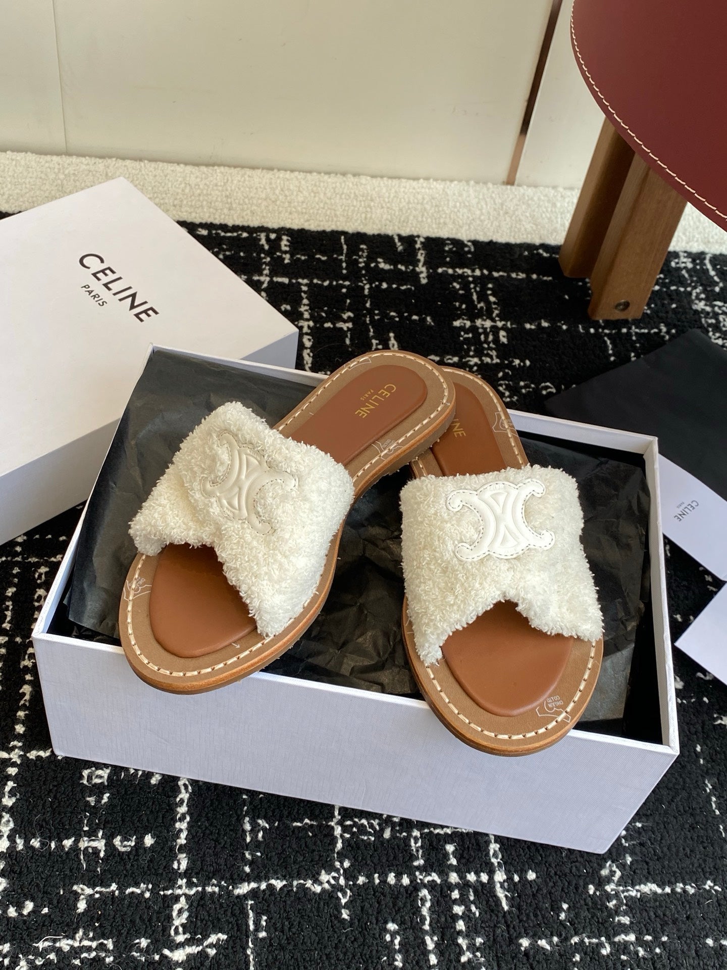 CELINE 26S TRIOMPHE FLAT SLIDES IN WHITE WOOL
