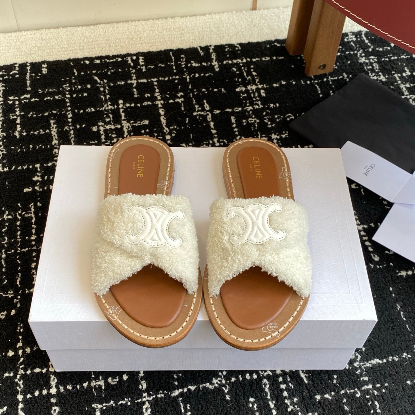 CELINE 26S TRIOMPHE FLAT SLIDES IN WHITE WOOL
