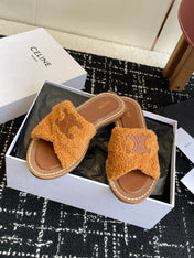 CELINE 26S TRIOMPHE FLAT SLIDES IN BROWN WOOL