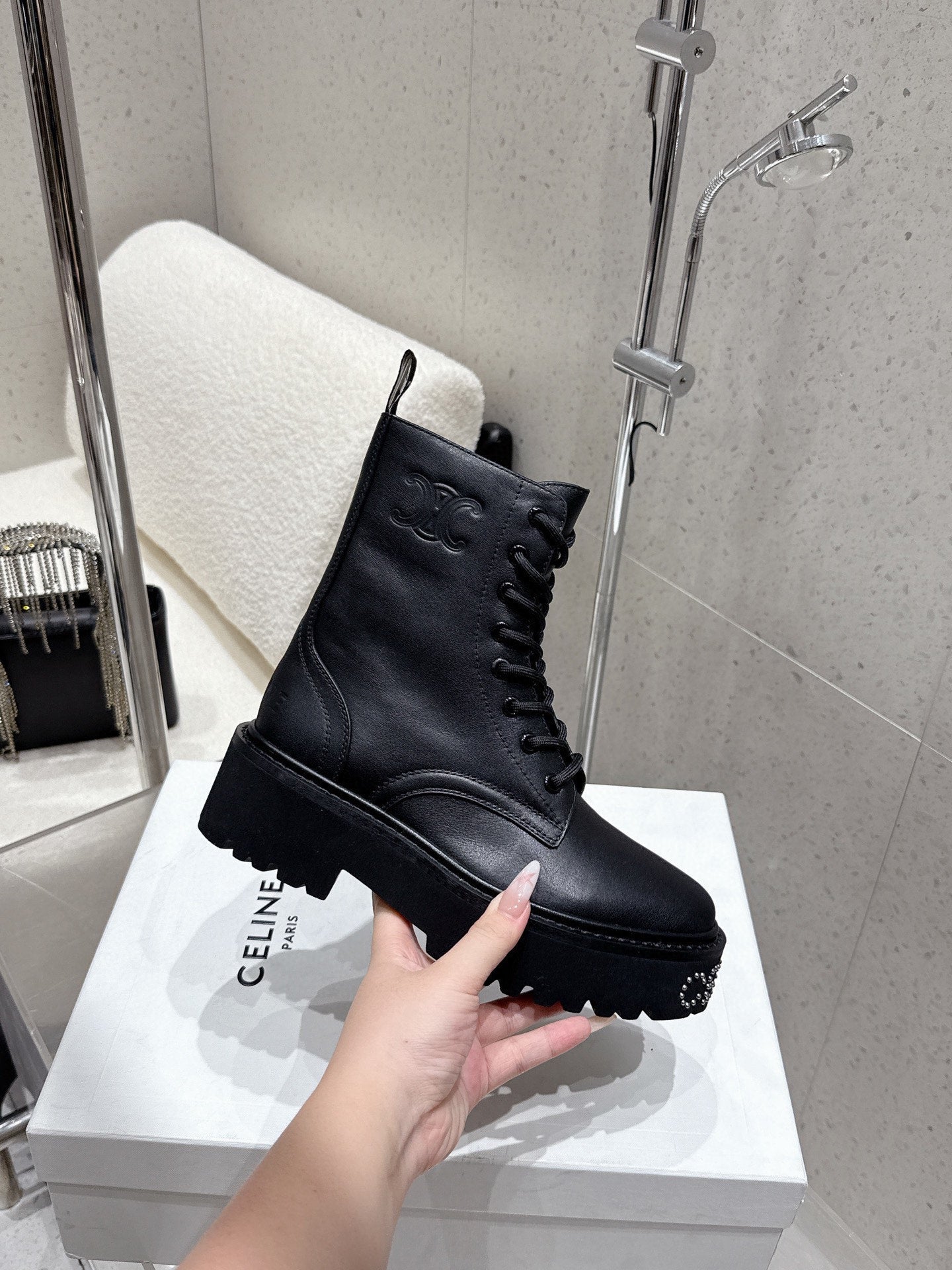 CELINE 26S CHUNKY-SOLE COMBAT BOOTS IN BLACK CALFSKIN