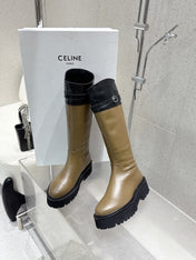 CELINE 26S KNEE-HIGH BOOTS IN OLIVE BROWN AND BLACK CALFSKIN