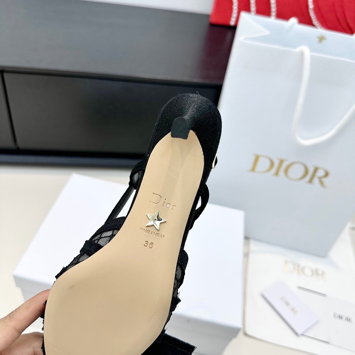 DIOR 26S POINTED TOE HEELED SANDALS 85MM IN BLACK FABRIC WITH PEARL BOW